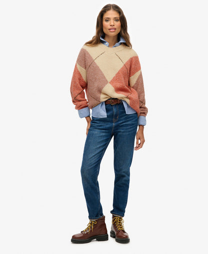Oversized Argyle V Neck Jumper | Off White Multi