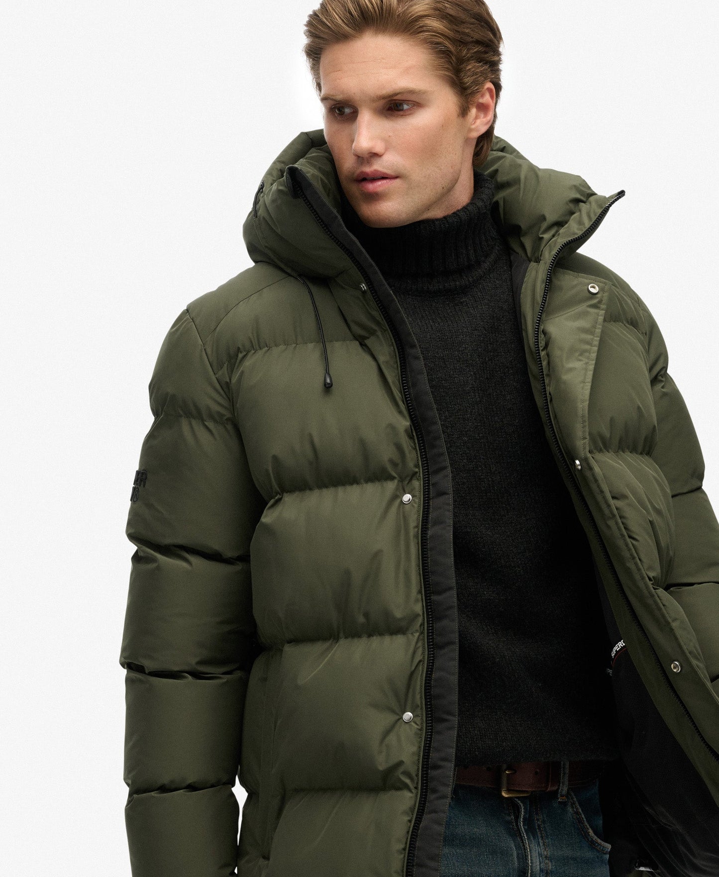 Hooded 5 Baffle Sports Puffer | Army Khaki Green
