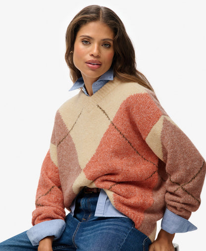 Oversized Argyle V Neck Jumper | Off White Multi