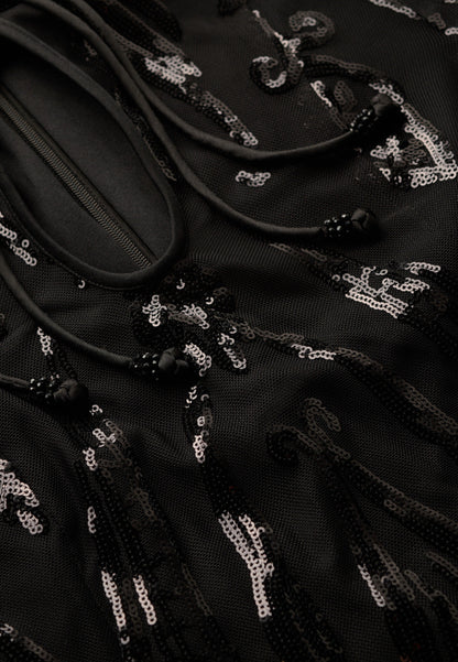 Mandarin Sequin Mini Dress | Art Deco Black Sequin