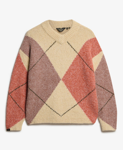 Oversized Argyle V Neck Jumper | Off White Multi