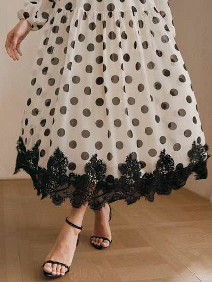 Women's Polka Dot Chiffon Lace Splice Tie Waist Elegant Dress