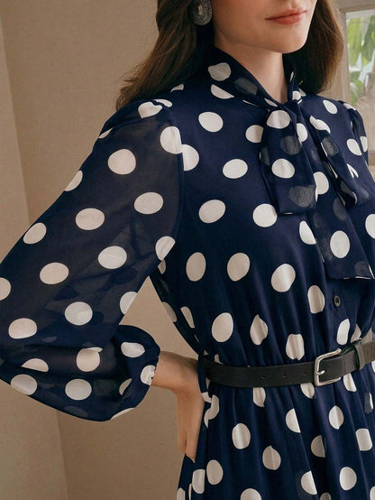 Women's Polka Dot Chiffon Lace Splice Tie Waist Elegant Dress