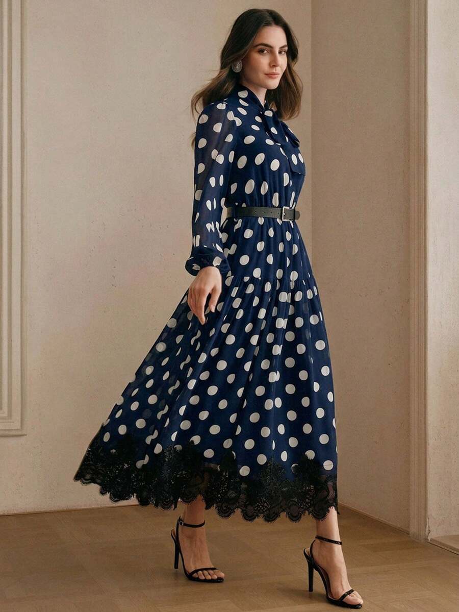 Women's Polka Dot Chiffon Lace Splice Tie Waist Elegant Dress