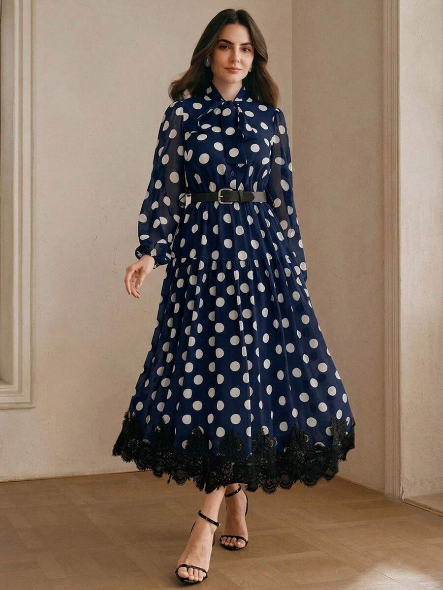 Women's Polka Dot Chiffon Lace Splice Tie Waist Elegant Dress