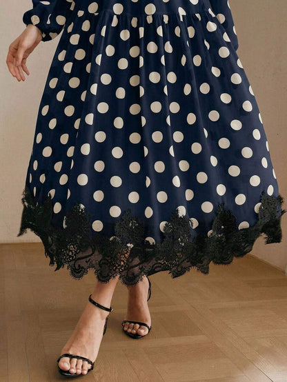 Women's Polka Dot Chiffon Lace Splice Tie Waist Elegant Dress