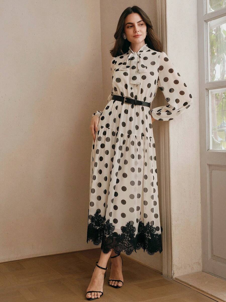 Women's Polka Dot Chiffon Lace Splice Tie Waist Elegant Dress