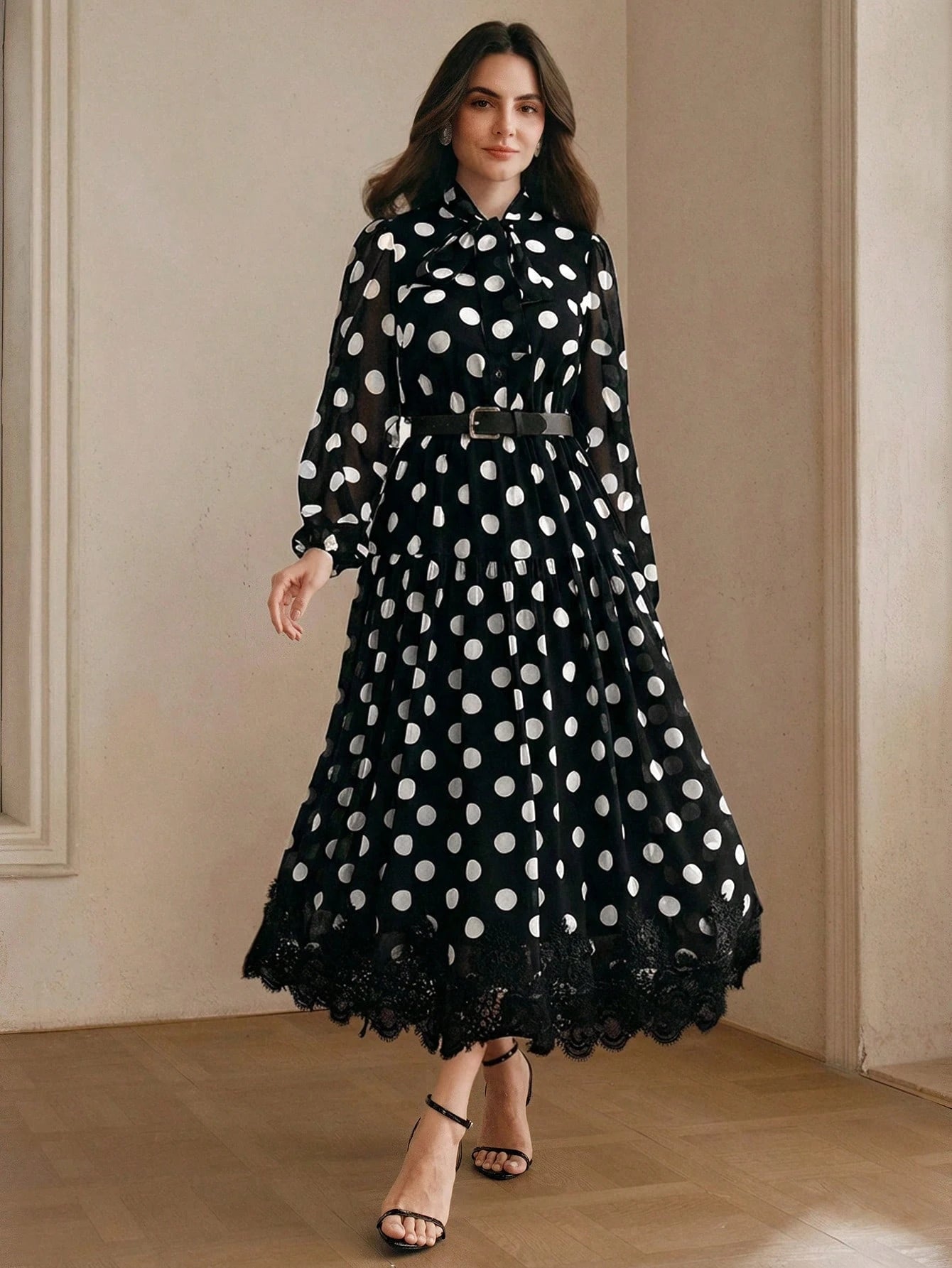 Women's Polka Dot Chiffon Lace Splice Tie Waist Elegant Dress