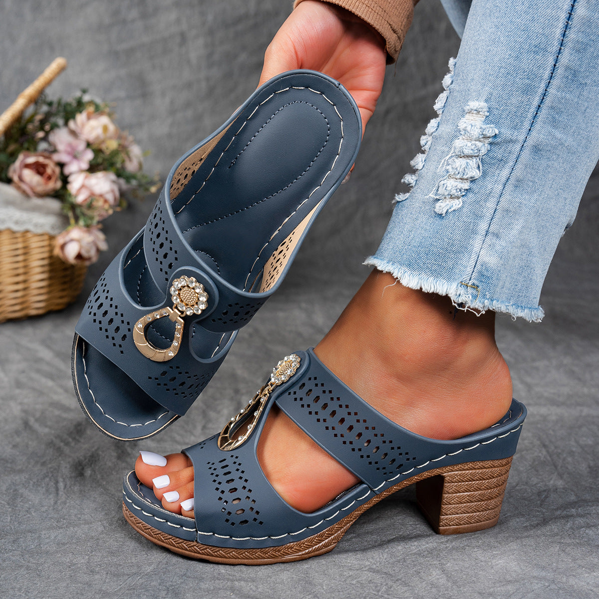 Orthopedic Rhinestones Heel Sandals