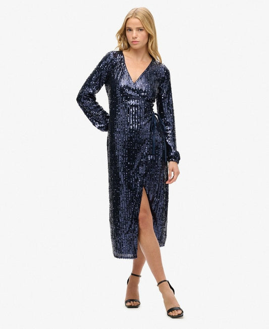 Sequin Wrap Maxi Slim Fit Dress | Navy Sequin